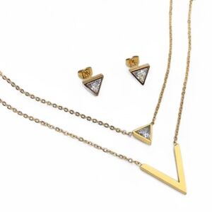 3pcs V- Shape Rhinestone 18K GP
Stainless Steel Double-Layer Necklace & Earrings